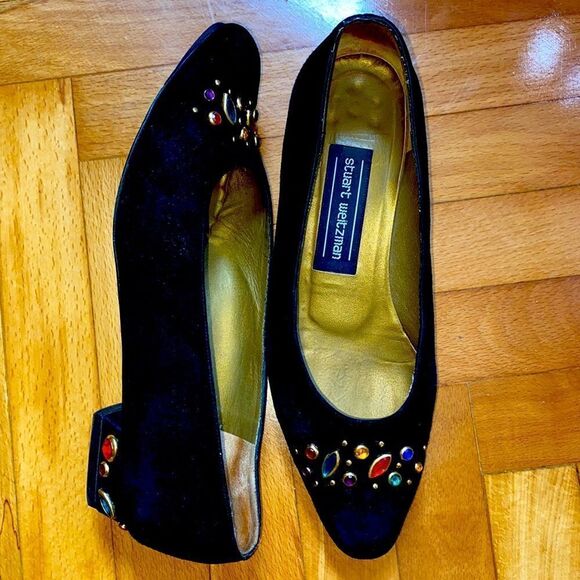 Stuart Weitzman Black Suede 5 Colors Rhinestones 1” Heels - Picture 1 of 8